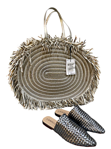 Woven Leather Babouche Silver Grey Slides