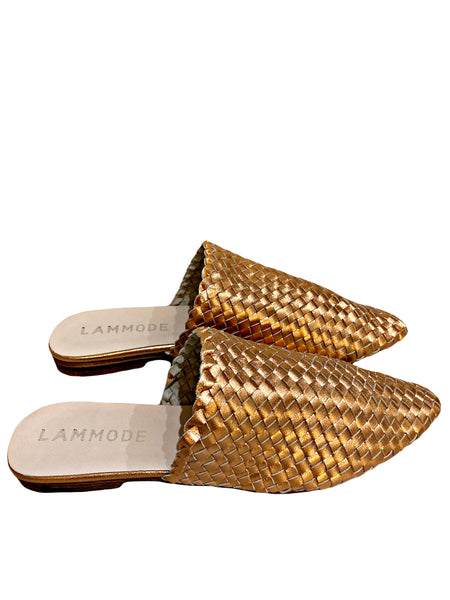 Woven Leather Babouche Rose Gold Slides