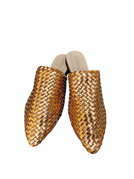 Woven Leather Babouche Rose Gold Slides