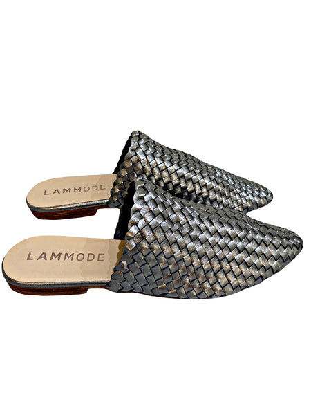 Woven Leather Babouche Silver Grey Slides