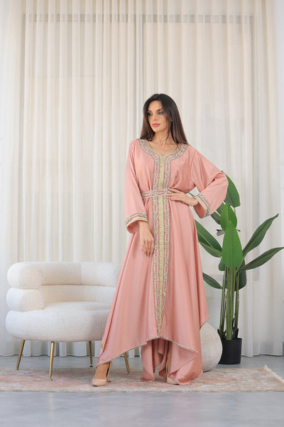 Rose Pink Heart Neckline Silver Rhinestone Kaftan Jalabiya