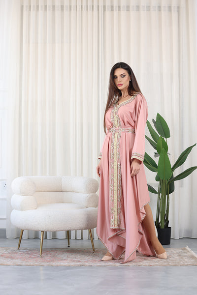Rose Pink Heart Neckline Silver Rhinestone Kaftan Jalabiya