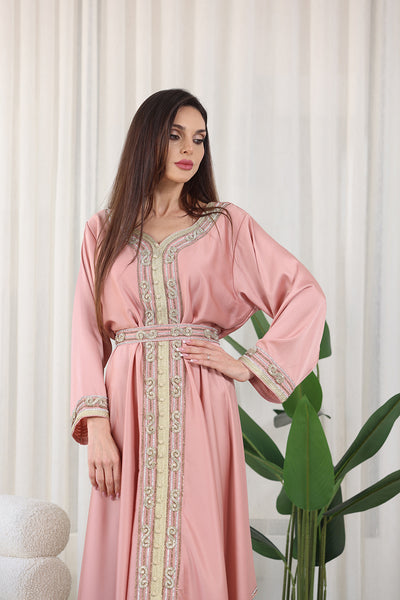 Rose Pink Heart Neckline Silver Rhinestone Kaftan Jalabiya
