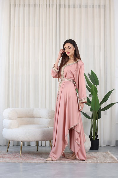 Rose Pink Heart Neckline Silver Rhinestone Kaftan Jalabiya