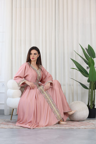 Rose Pink Heart Neckline Silver Rhinestone Kaftan Jalabiya