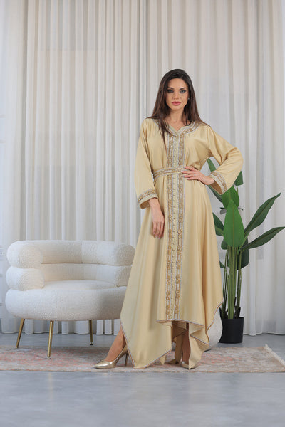Yellow Gold Heart Neckline Silver Rhinestone Kaftan Jalabiya
