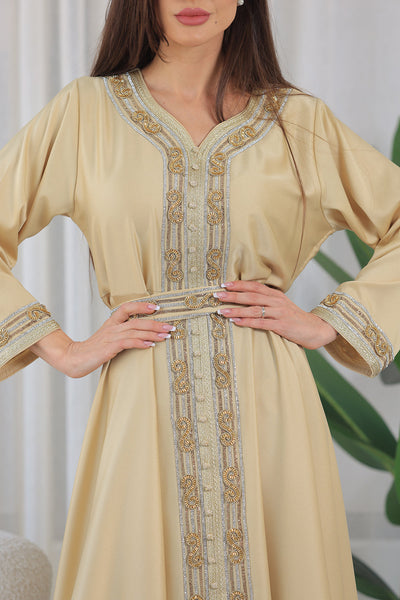 Yellow Gold Heart Neckline Silver Rhinestone Kaftan Jalabiya