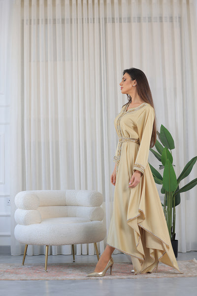 Yellow Gold Heart Neckline Silver Rhinestone Kaftan Jalabiya