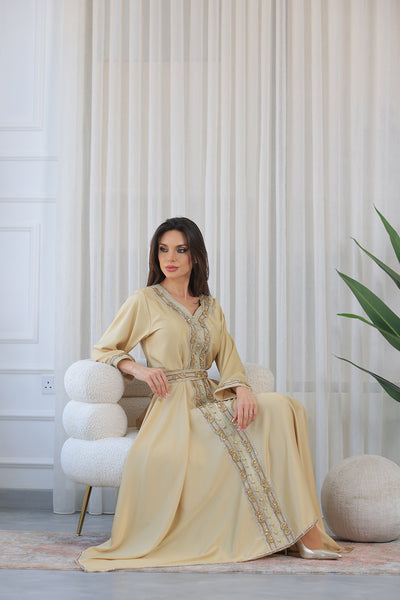 Yellow Gold Heart Neckline Silver Rhinestone Kaftan Jalabiya