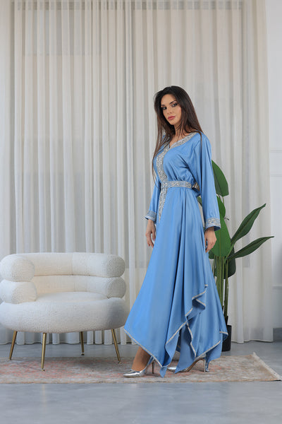 Light Blue Heart Neckline Silver Rhinestone Kaftan Jalabiya