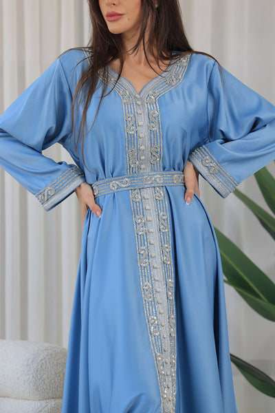 Light Blue Heart Neckline Silver Rhinestone Kaftan Jalabiya