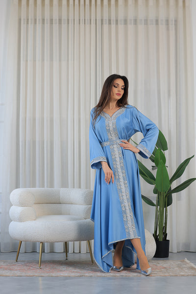 Light Blue Heart Neckline Silver Rhinestone Kaftan Jalabiya