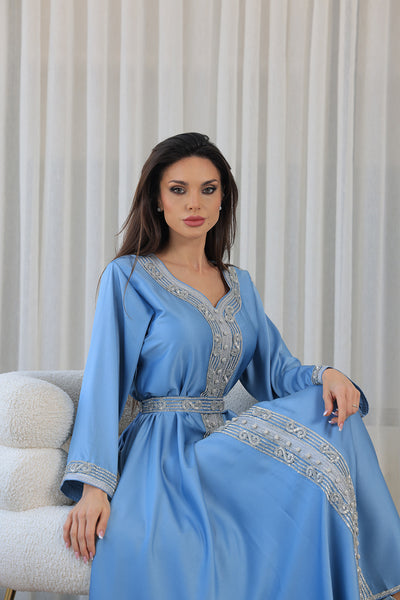 Light Blue Heart Neckline Silver Rhinestone Kaftan Jalabiya