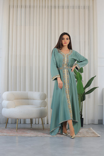 Pine Green Heart Neckline Silver Rhinestone Kaftan Jalabiya