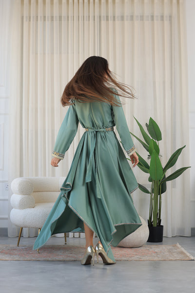 Pine Green Heart Neckline Silver Rhinestone Kaftan Jalabiya