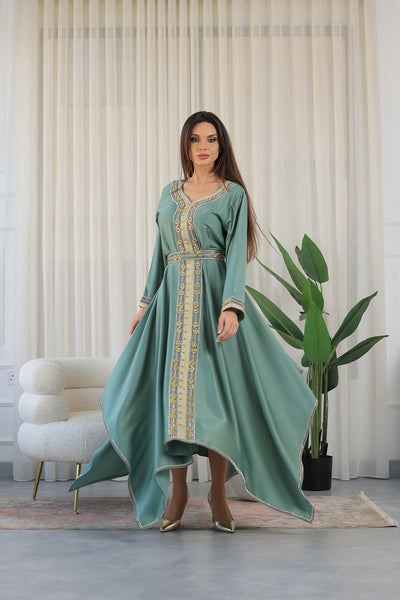 Pine Green Heart Neckline Silver Rhinestone Kaftan Jalabiya