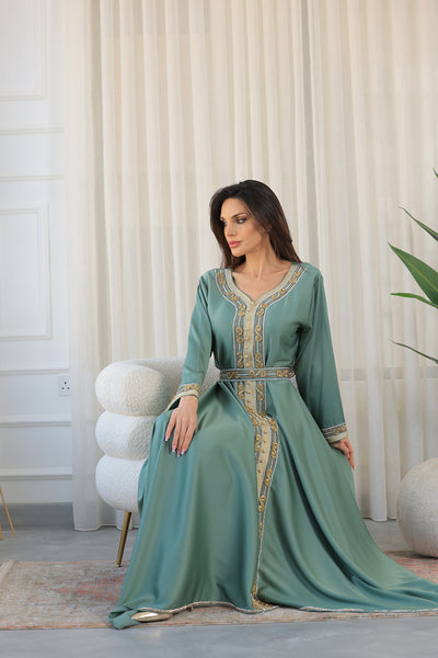Pine Green Heart Neckline Silver Rhinestone Kaftan Jalabiya