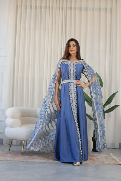 Elastic Off-Shoulder Cape Sleeves Embroidered Jalabiya