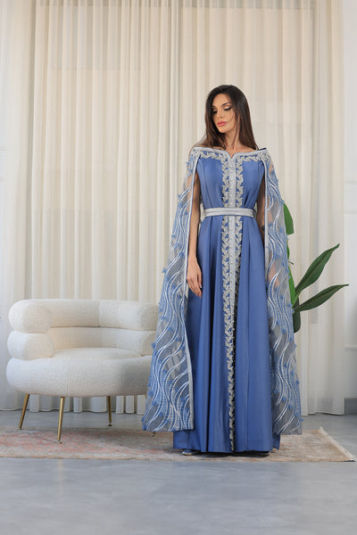 Elastic Off-Shoulder Cape Sleeves Embroidered Jalabiya