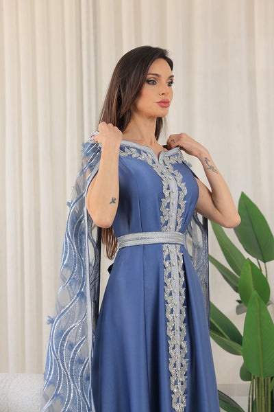 Elastic Off-Shoulder Cape Sleeves Embroidered Jalabiya
