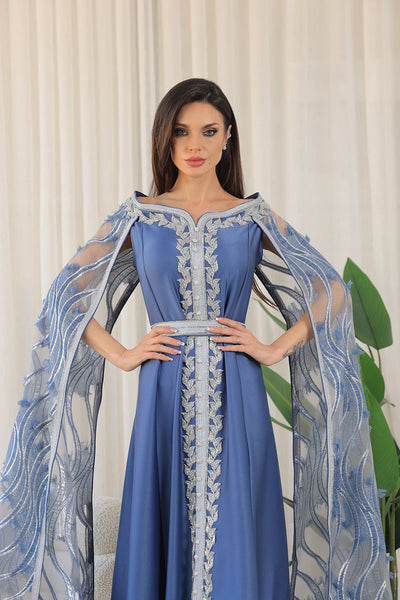 Elastic Off-Shoulder Cape Sleeves Embroidered Jalabiya