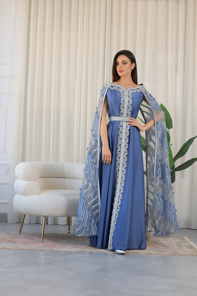 Elastic Off-Shoulder Cape Sleeves Embroidered Jalabiya