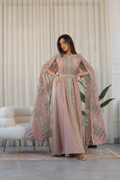 Rose Elastic Off-Shoulder Cape Sleeves Embroidered Jalabiya