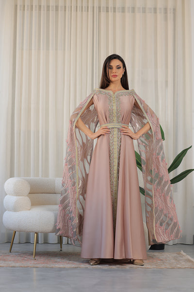 Rose Elastic Off-Shoulder Cape Sleeves Embroidered Jalabiya