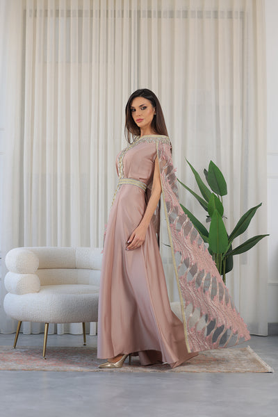 Rose Elastic Off-Shoulder Cape Sleeves Embroidered Jalabiya