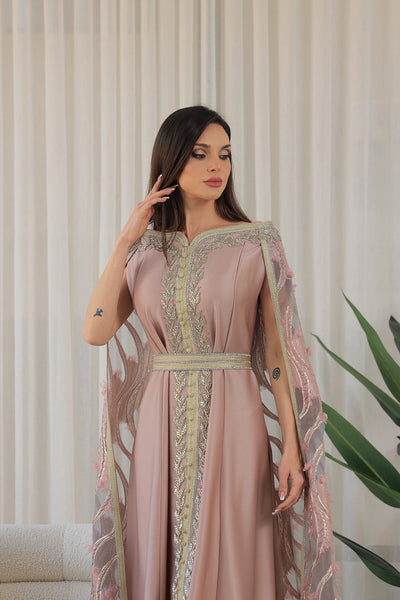 Rose Elastic Off-Shoulder Cape Sleeves Embroidered Jalabiya