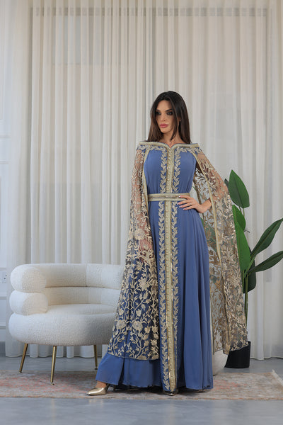 Elastic Off-Shoulder Cape Sleeves Embroidered Jalabiya