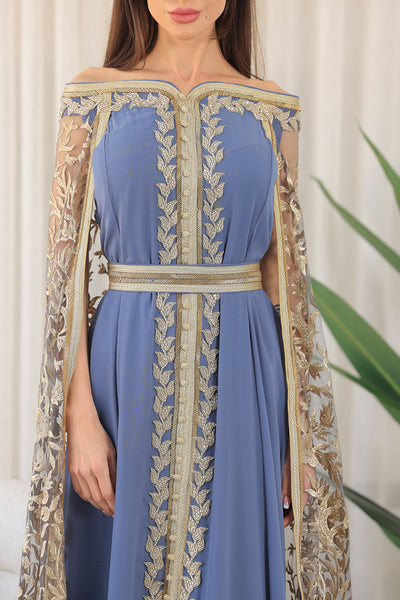 Elastic Off-Shoulder Cape Sleeves Embroidered Jalabiya