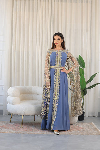 Elastic Off-Shoulder Cape Sleeves Embroidered Jalabiya