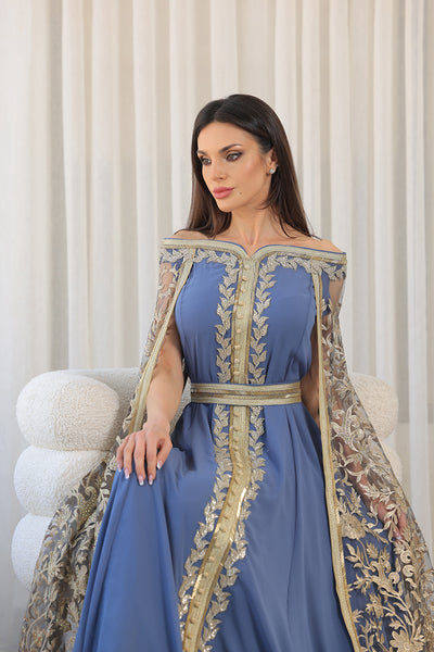 Elastic Off-Shoulder Cape Sleeves Embroidered Jalabiya