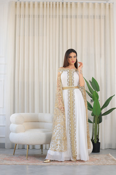 White Gold Elastic Off-Shoulder Cape Sleeves Embroidered Jalabiya