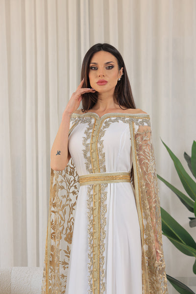 White Gold Elastic Off-Shoulder Cape Sleeves Embroidered Jalabiya