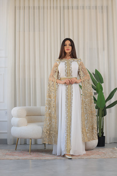 White Gold Elastic Off-Shoulder Cape Sleeves Embroidered Jalabiya