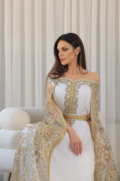 White Gold Elastic Off-Shoulder Cape Sleeves Embroidered Jalabiya