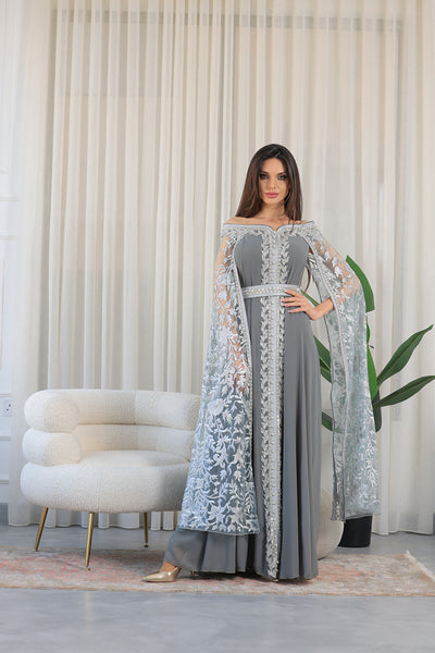 Silver Grey White Elastic Off-Shoulder Cape Sleeves Embroidered Jalabiya