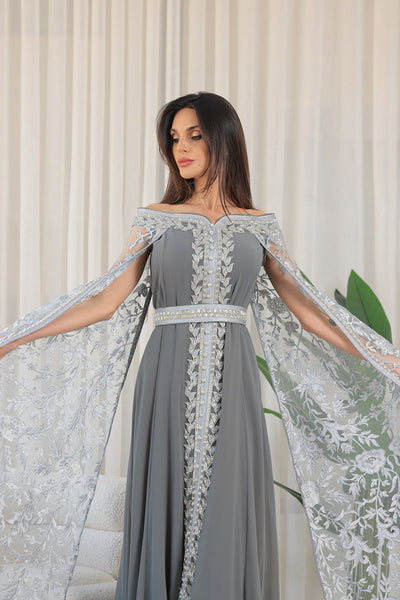 Silver Grey White Elastic Off-Shoulder Cape Sleeves Embroidered Jalabiya