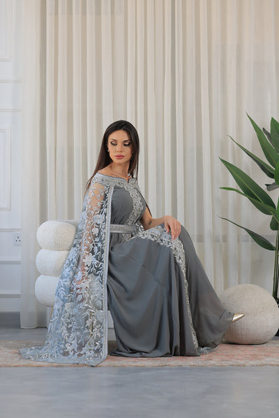 Silver Grey White Elastic Off-Shoulder Cape Sleeves Embroidered Jalabiya