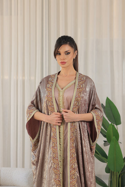 Rose Gold Floral Embroidered Kaftan Jalabiya