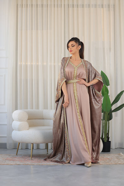Rose Gold Floral Embroidered Kaftan Jalabiya