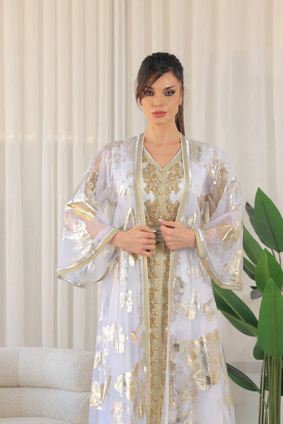 White V-Neck Embroidered Kaftan Jalabiya