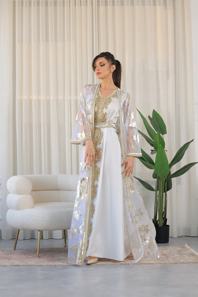 White V-Neck Embroidered Kaftan Jalabiya