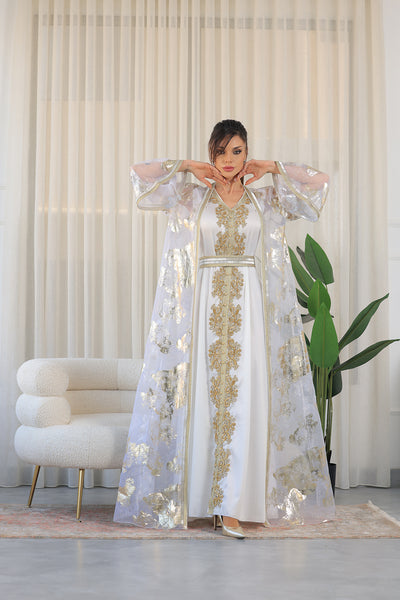 White V-Neck Embroidered Kaftan Jalabiya