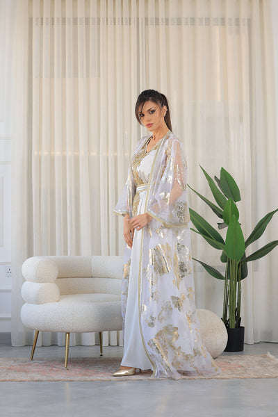 White V-Neck Embroidered Kaftan Jalabiya