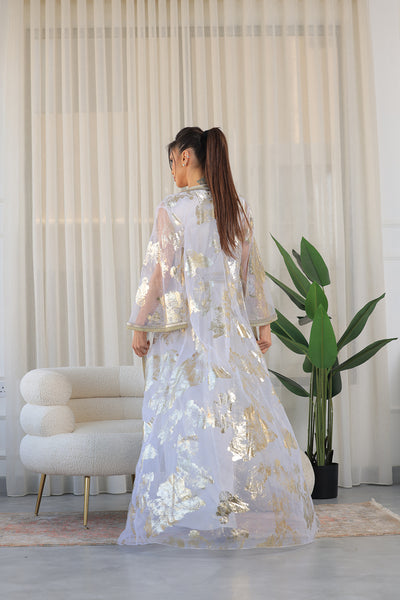 White V-Neck Embroidered Kaftan Jalabiya