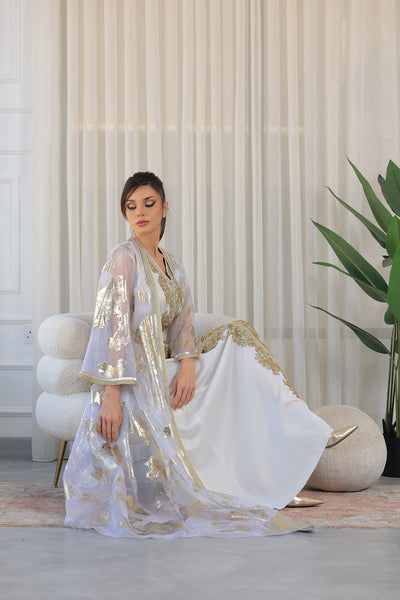 White V-Neck Embroidered Kaftan Jalabiya