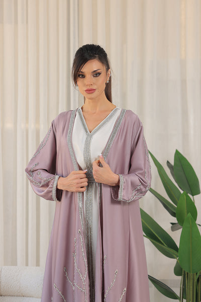 Lilac White V-Neck Rhinestone Kaftan Jalabiya